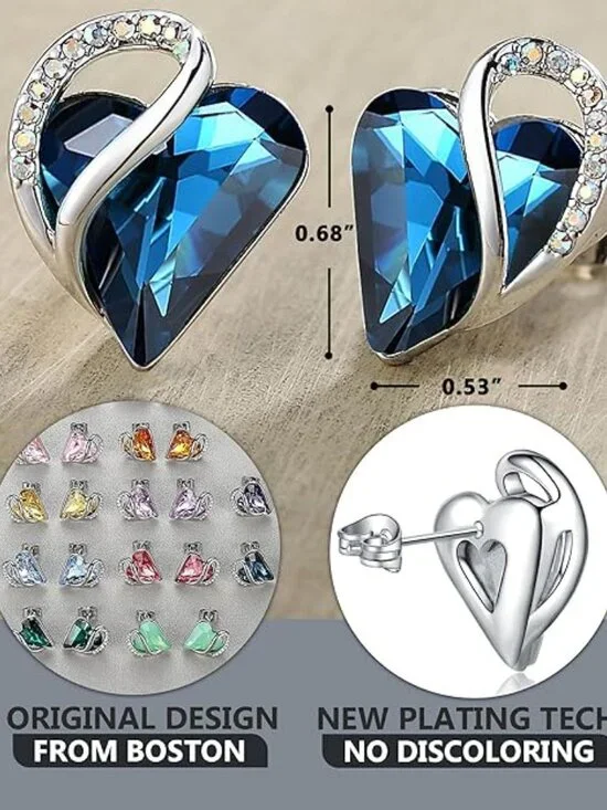Leafael Infinity Love Heart Birthstone Stud Earrings for Women Bermuda Blue Sept - Picture 3 of 11